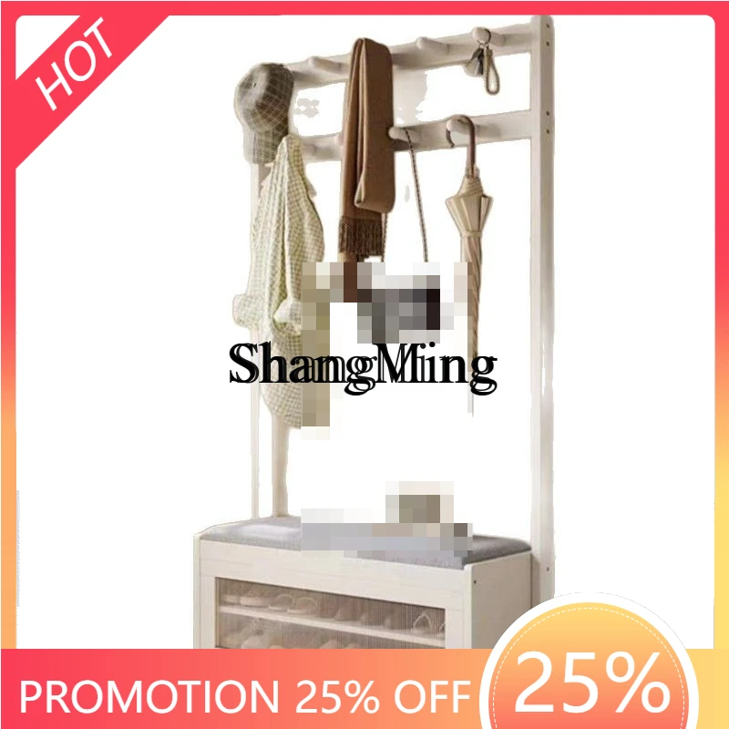 FG good-looking  new all-solid wood door hanging wardrobe shoe stool integrated with thick rod entrance living room hanger
