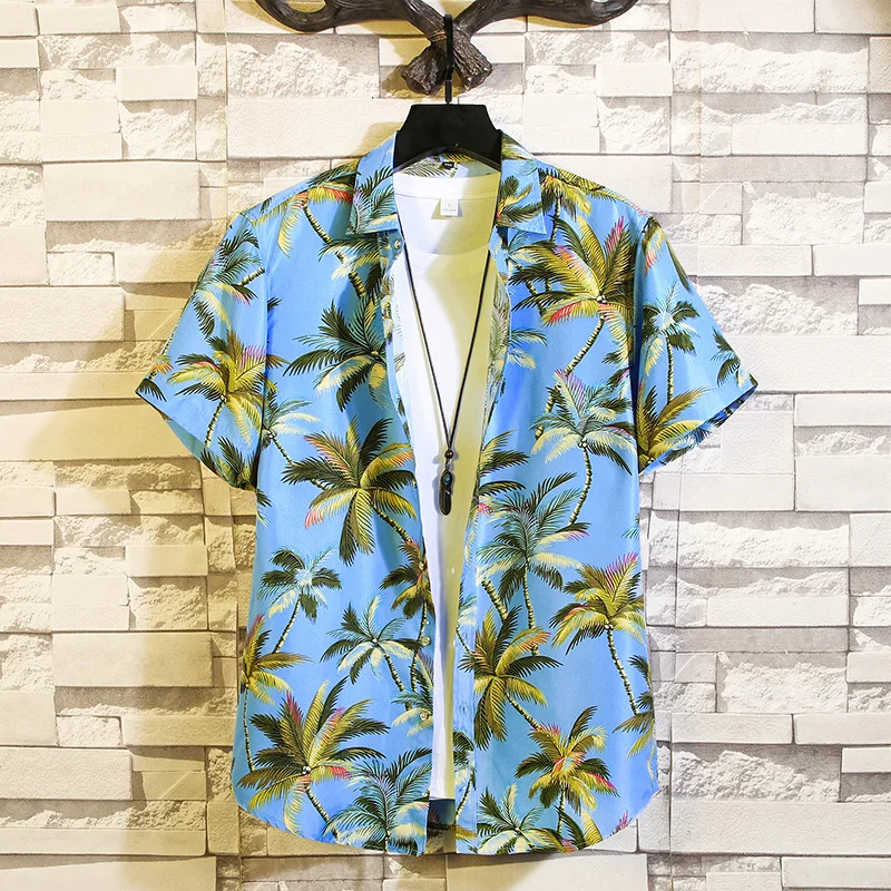 Mens Printed Turn Down Collar Short Sleeve Hawaiian Shirts Casual Single-Breasted Streetwear Holiday Sand Beach Shirts Men