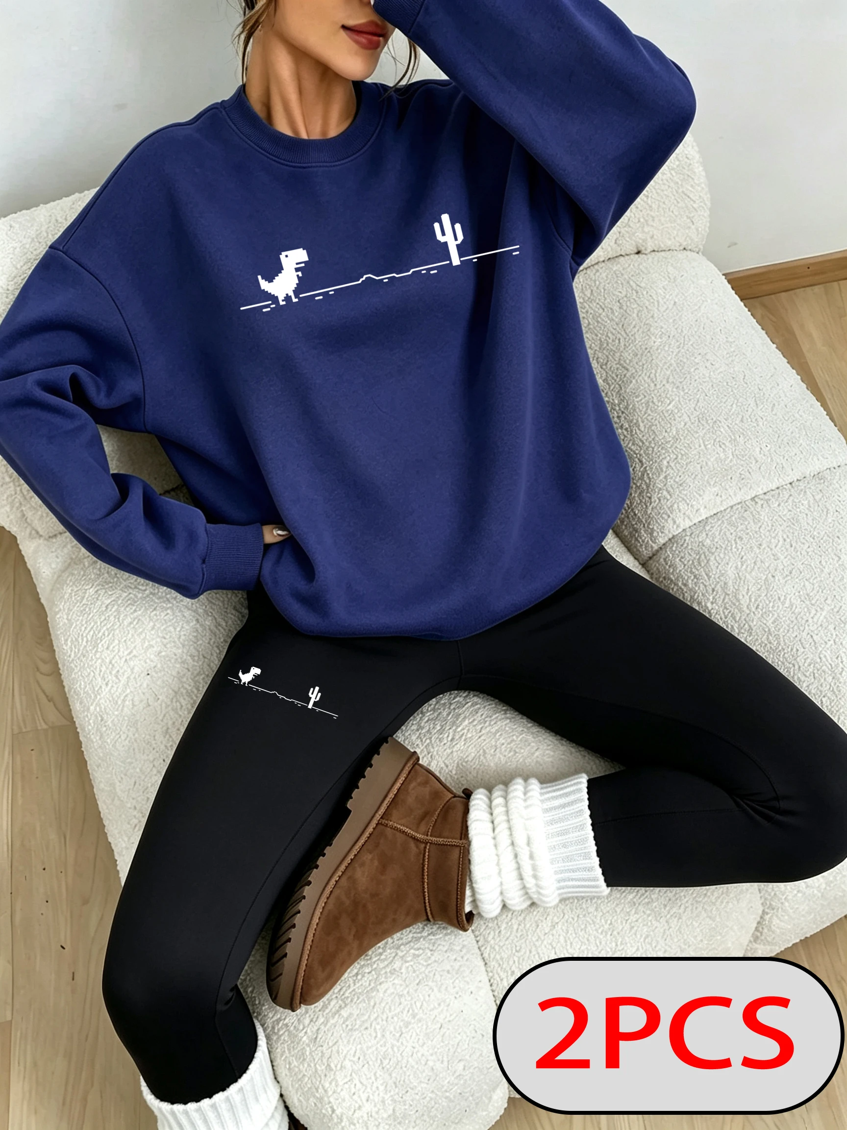 Mosaic Game Cactus Little Dinosaur Printing Women'S Sweatshirt Set Y2K Crewneck Fleece Pullovers Thicken Leggings Autumn Pants - view 3