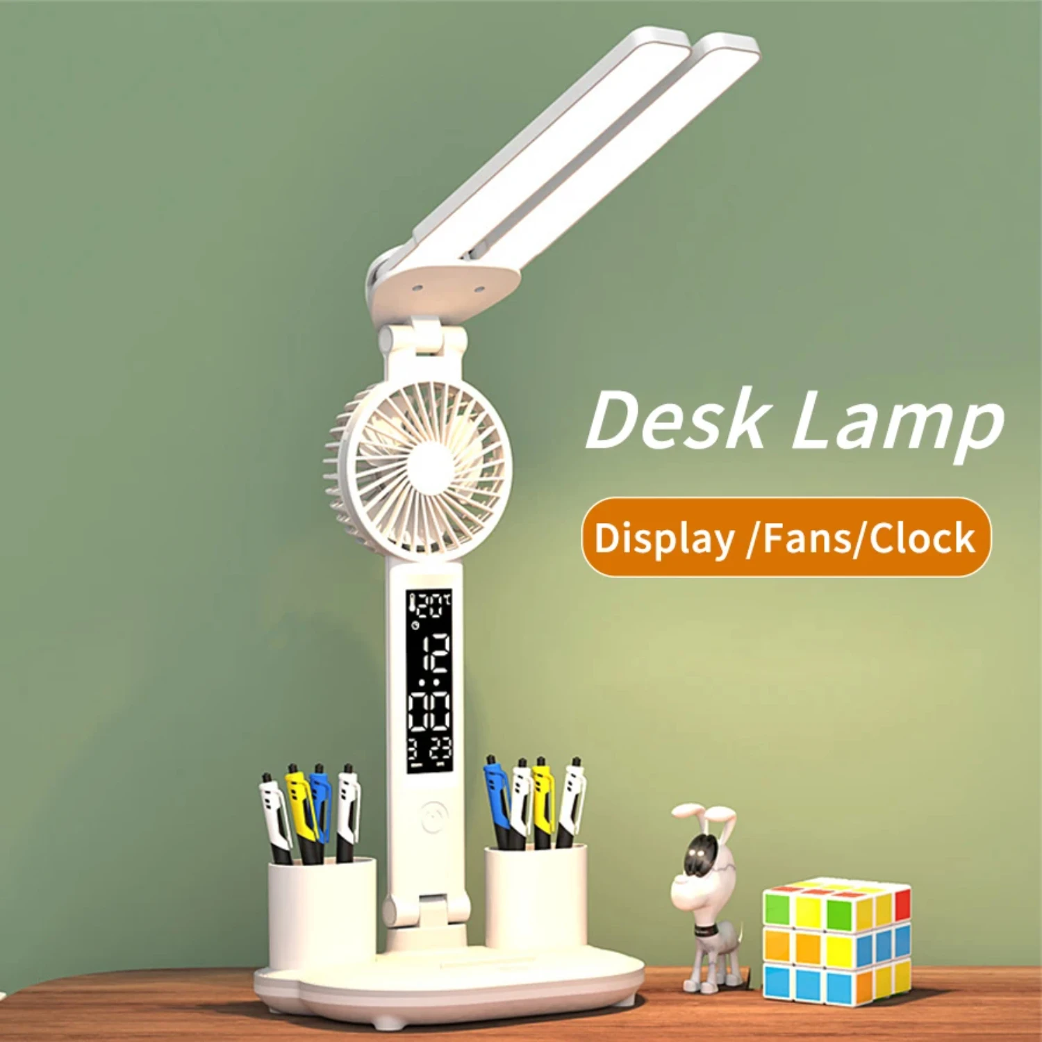 Convenient, stylish and versatile foldable desk lamp with fan, digital calendar, and clock display - Rechargeable and adjustable