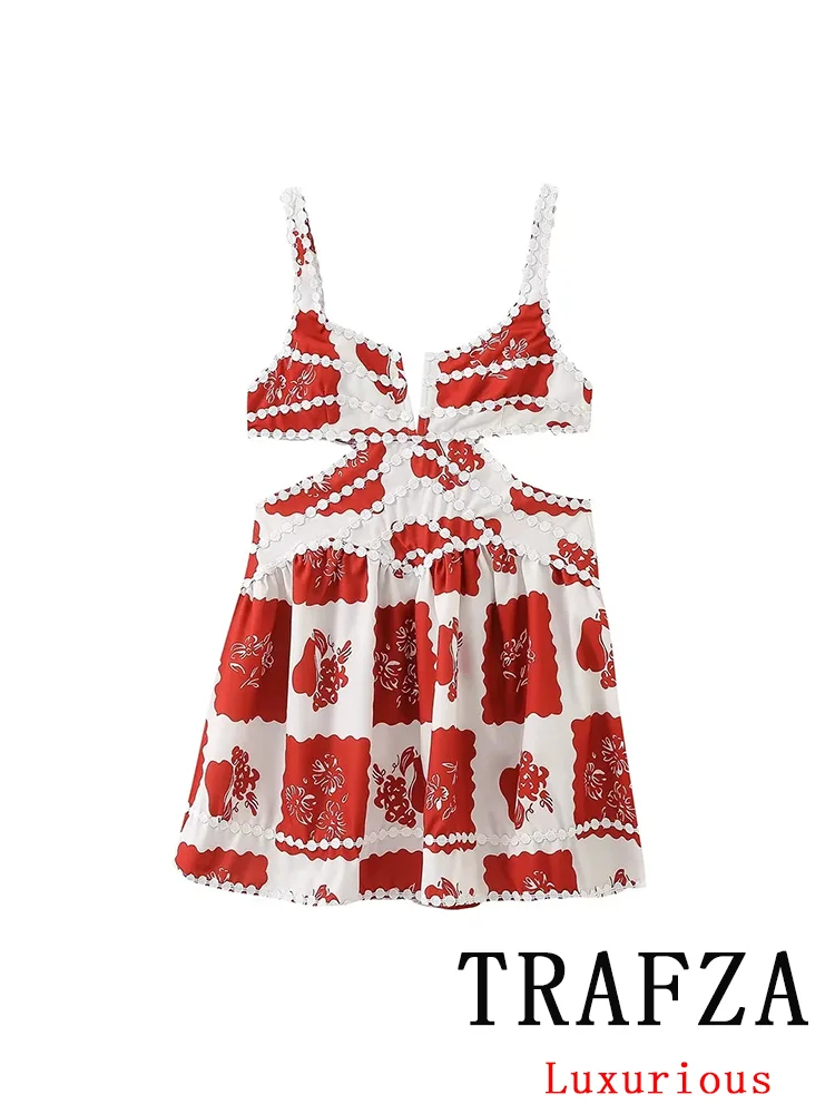 TRAFZA Vintage Sexy Chic Women Dress Print Hollow Out Camisole Vestidos New Fashion 2024 Summer Holiday Mini Party Dress