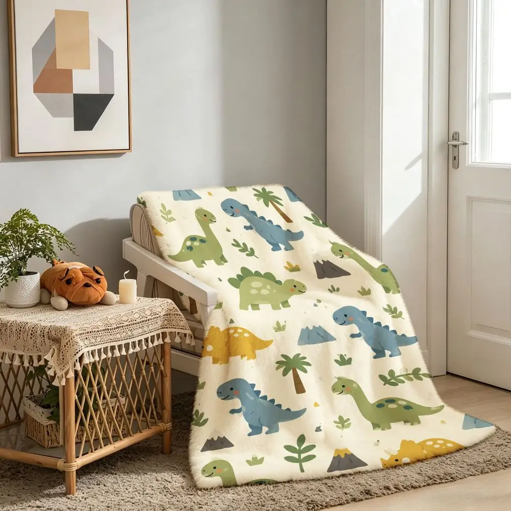 Whimsical Dinosaur Throw Blanket for Kids Nursery Decor Jungle Animal Pattern Polyester Plush Cozy Lap Throw Gift for Baby Showe