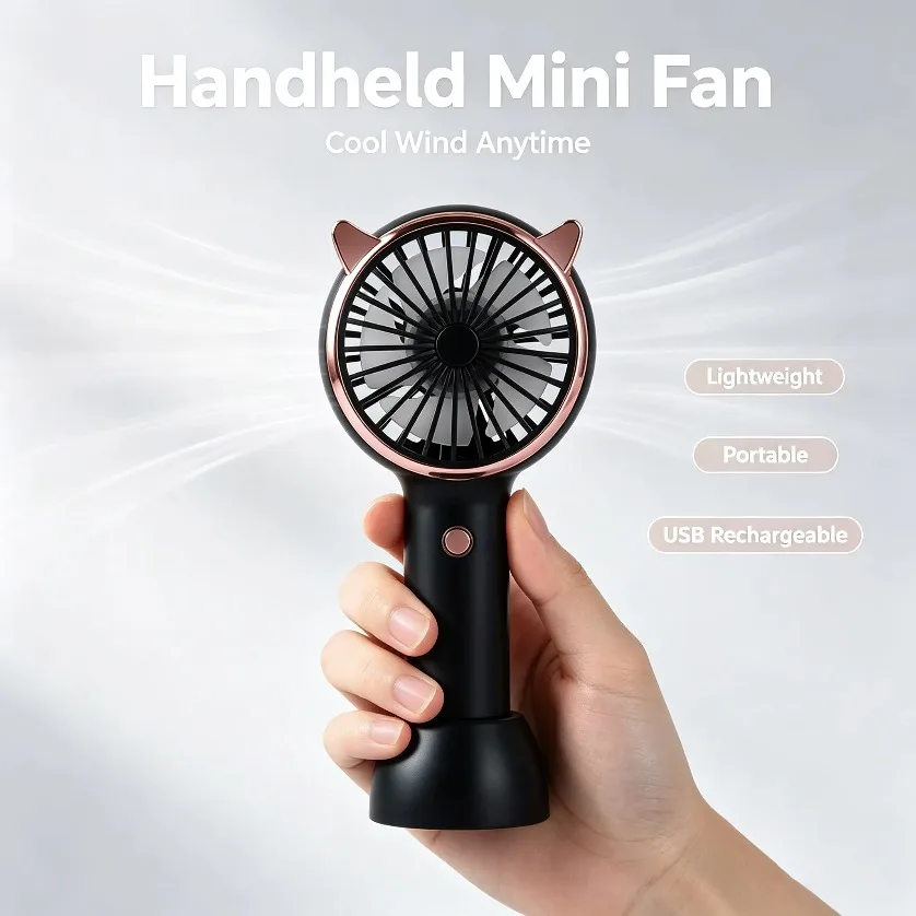 Cat Ear Fan Mini Handheld LED Light 3 Speed USB Rechargeable Portable Quiet Desk Fan With Base for Travel Concert Gift