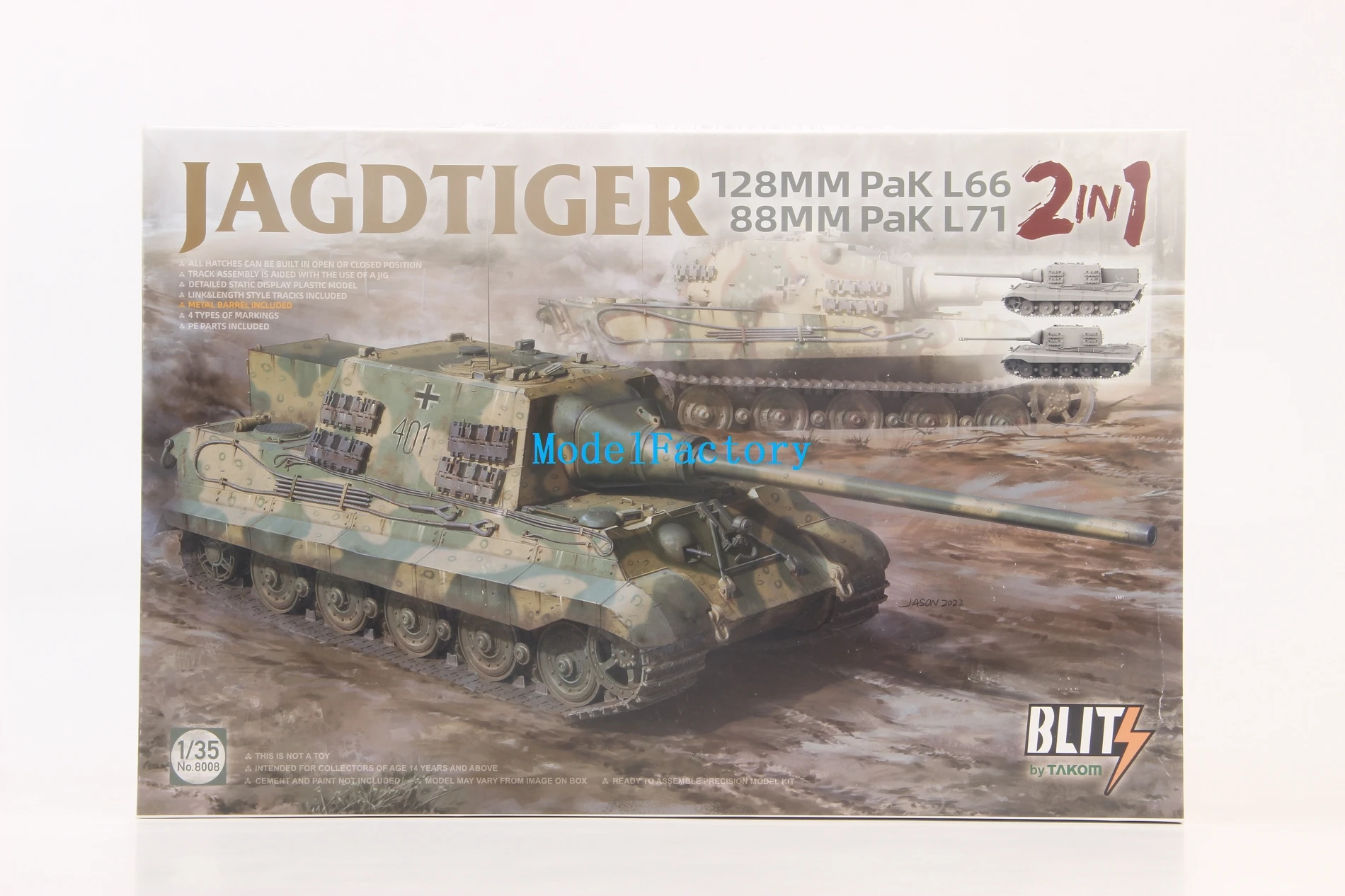 

Takom 8008 1/35 Jagdtiger 128mm Pak L66 & 88mm Pak L71 (2 in 1) Plastic Model