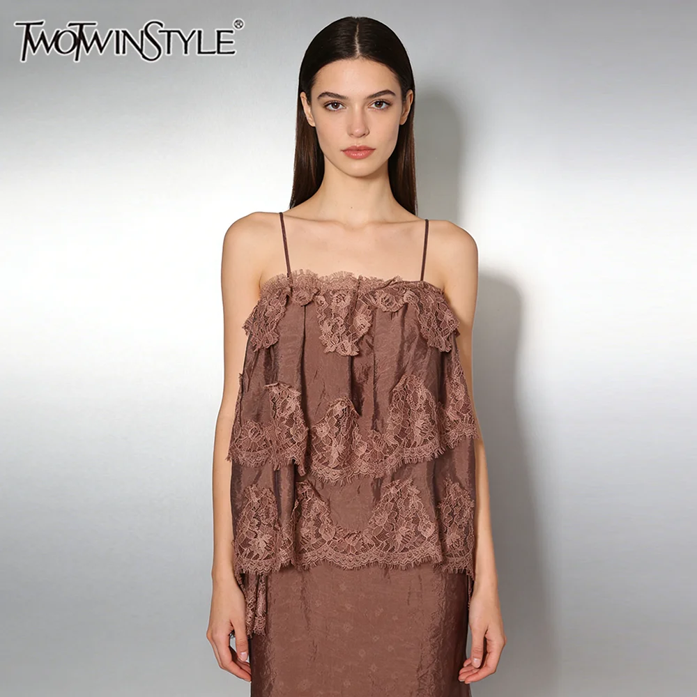 

TWOTWINSTYLE Solid Sheer Spliced Lace Elegant Blouses for Women Square Neck Sleeveless Patchwork Ruffles Fashion Blouse Female