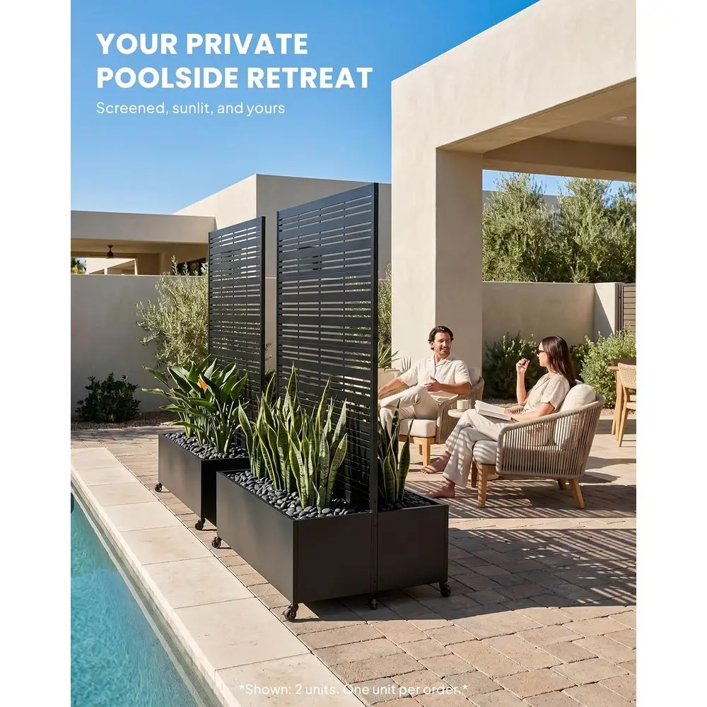 72-Inch Dual-Box Planter with Trellis, Raised Garden Bed, Black, 6 Wheels (4 Locking), Suitable for AC Units and Pool Equipment,