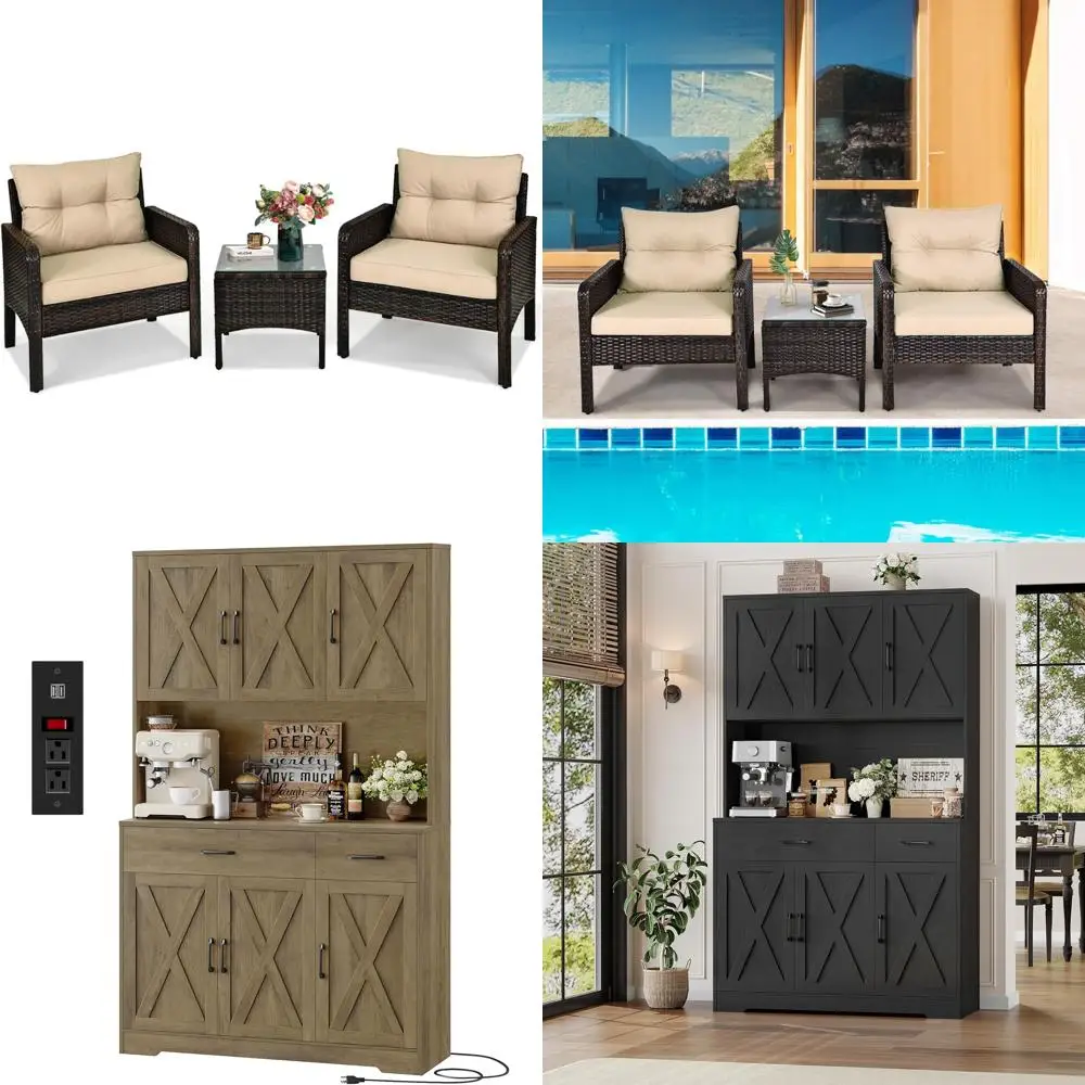 Outdoor Patio Furniture Set: 3-Piece Rattan Wicker with Coffee Table and Cushioned Chairs