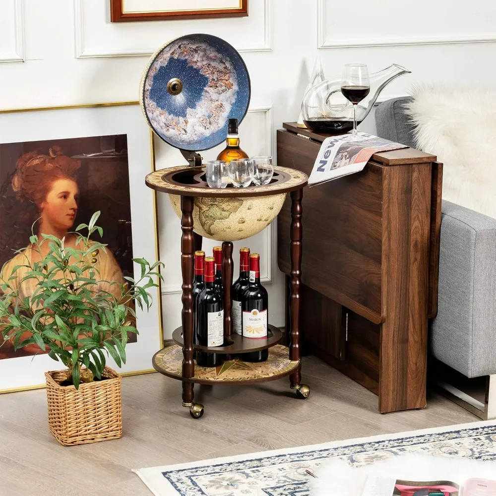 18-inch Antique-Style Globe Bar Cabinet on Wheels with Bottom Shelf and 16th Century Italian Map Replica