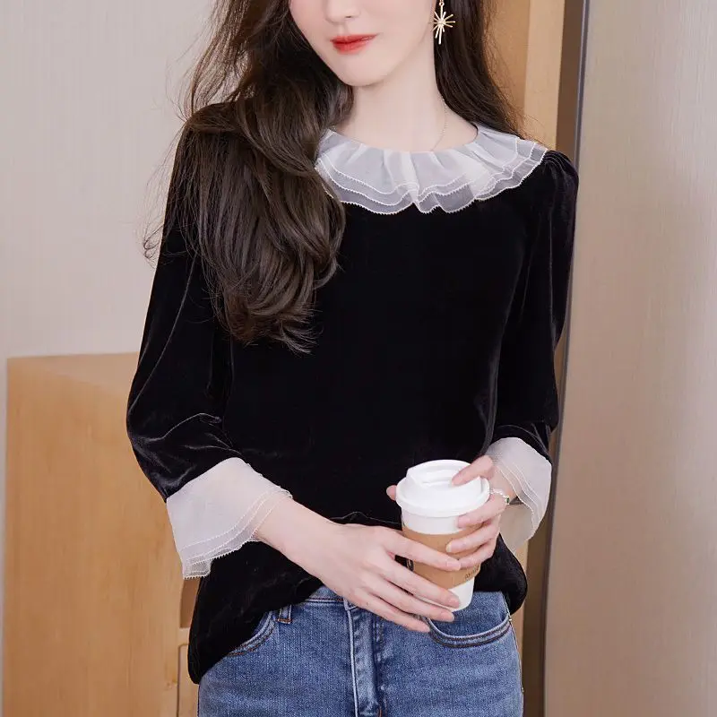 Elegant Ruffles Spliced Lace Flare Sleeve Blouse Women\'s Clothing 2023 Spring New Oversized Casual Pullovers Loose Commute Shirt