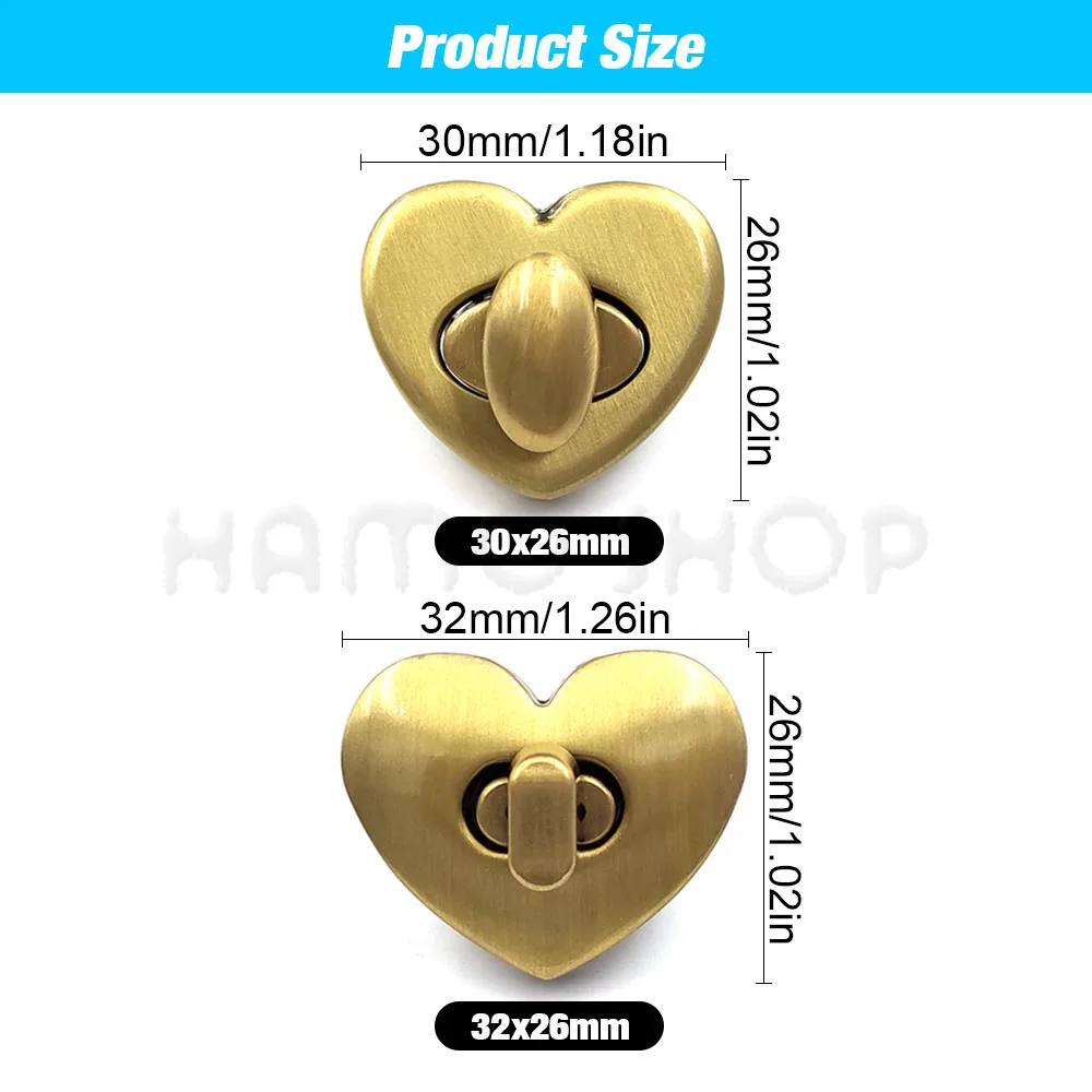 30m/32mm Metal Heart Shape Turn Lock Clasp Bag Lock Buckles for Bag Purse Hat Decor Hardware DIY Leathercraft Purse Accessory