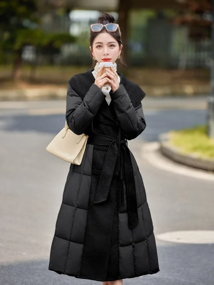 Women Patchwork Wool Long Fluffy Puffer Jacket Female 2025 New Winter Belt Top Clothing Thicken Warm White Duck Down Coat