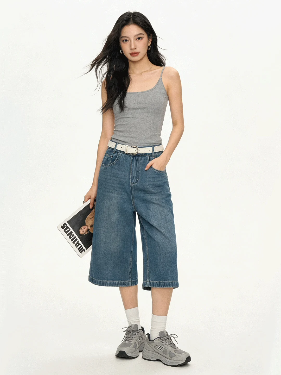 

Retro Deep Blue High Waist Slimming Wide Leg Jeans Spring Commute Casual Loose Seven-Foot Pants Drapey Korean Sle Ladies Jeans