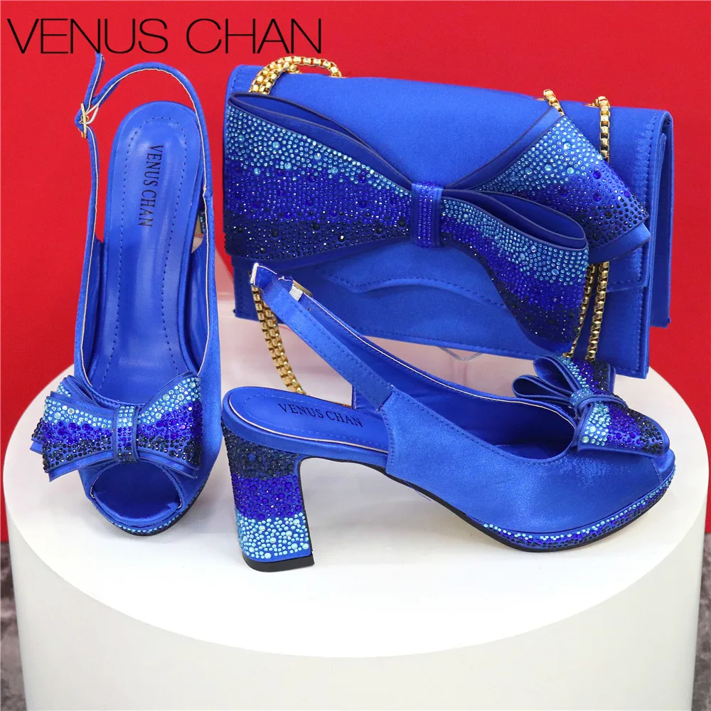

Italian Design Spot Goods Blue Elegant Ladies Fashion Crystal Bow Pointed Toe Shoes Daily or Party Shoes Bag Set For Women