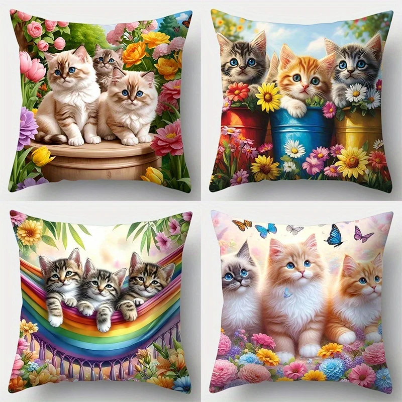 4Pcs Cute Cat & Floral Print Pillow Covers -Swing Cat Bucket Cat Wildflower Design Cushion Cases for Living Room Sofa Home Decor