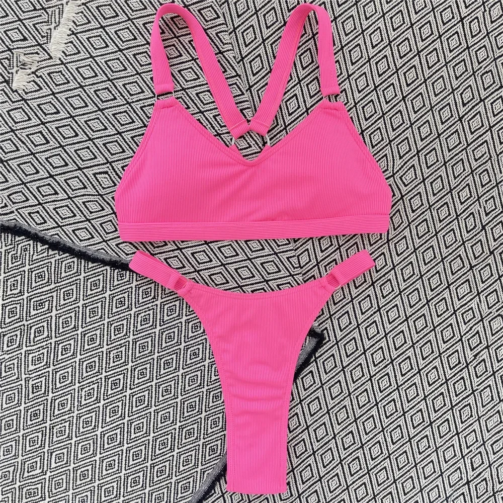 Zwarte Geribbelde Badmode Micro Thong Bikini 'S Terug Cross Bandage Sexy Badpak Vrouwen 2024 Hoog Uitgesneden Badpak Bikini Mujer