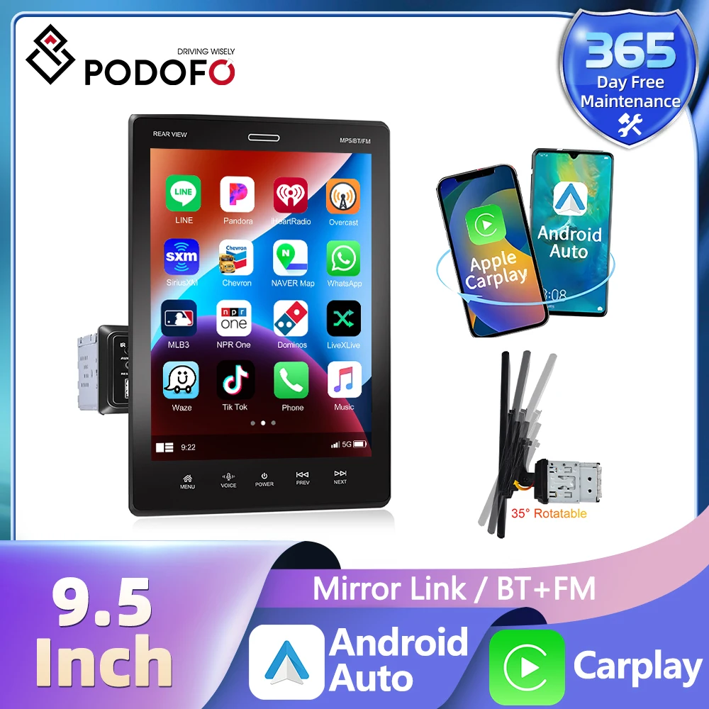 Podofo 1 Din Car Stereo Radio 9.5'' Carplay 4G WIFI DSP Android Auto Bluetooth Split Screen Automotive Multimedia Video Player