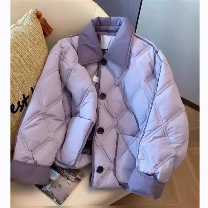 Women Cotton Coat Autumn Winter Small Fragrant Style Contrasting Color Collar Lightweight Cotton Jacket Girl Keep Warm Outerwear