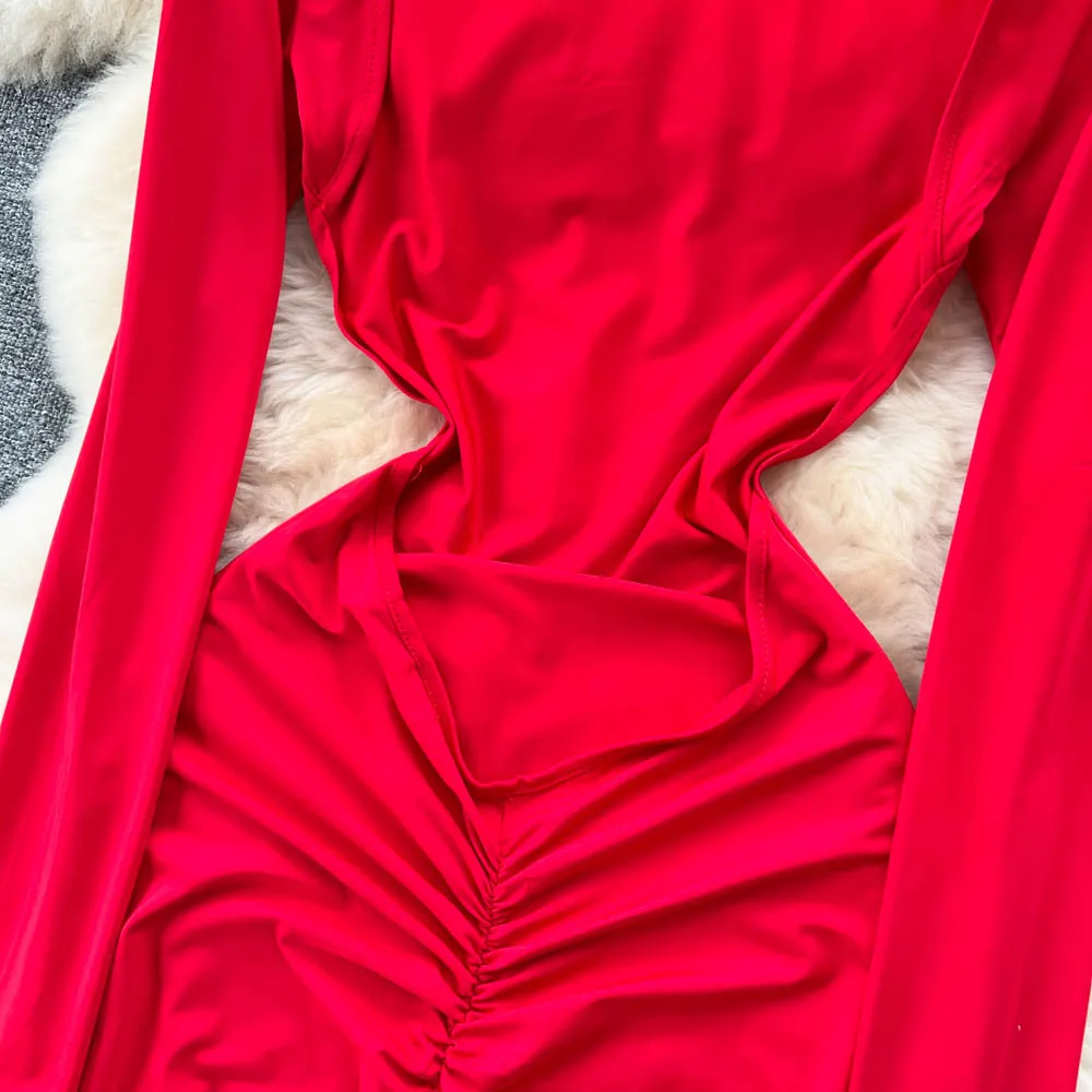 Foamlina Mulheres Elegantes Vermelho Aberto De Volta Festa De Noite Vestido Sexy Primavera Outono O Pescoço Manga Longa Slim Back Long Club Maxi Dress