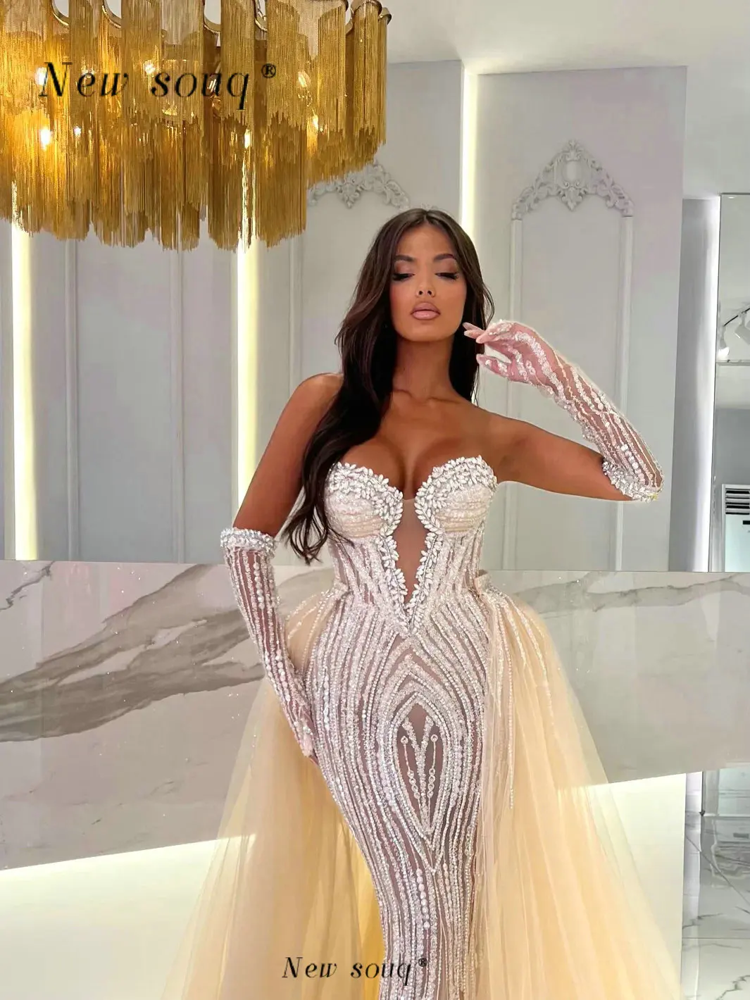 Champagne Strapless Mermaid Evening Dresses with Detachable Train Glamorous Crystals Sequins Sexy 2 Pieces Events Party Gowns