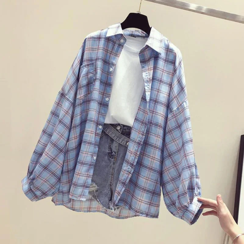 Vintage Plaid Shirts Women Autumn Long Sleeve Oversize Button Up Shirt Korean Fashion Casual Fall Outwear Tops Blusas Mujer 2024