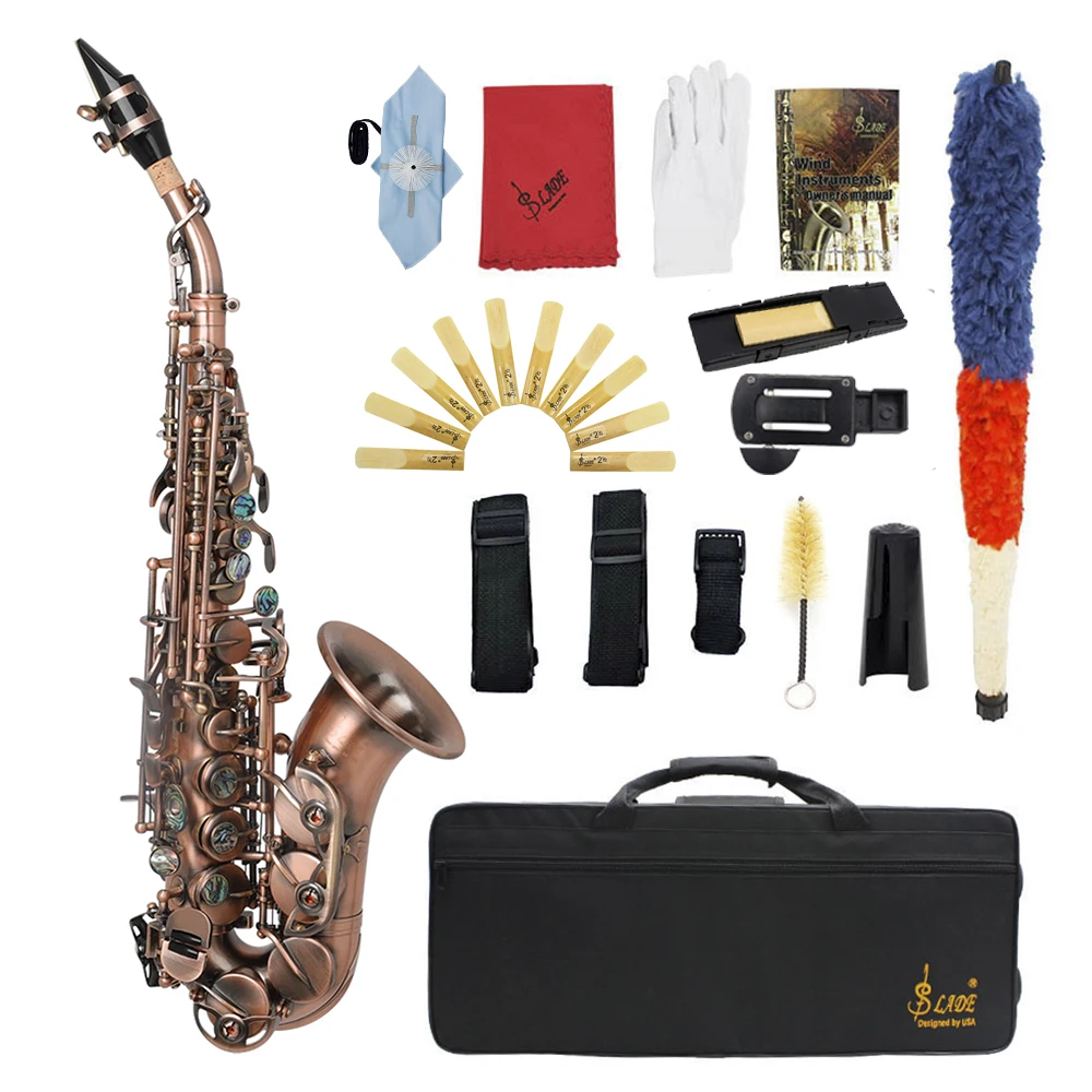 SLADE Sopransaxophon B Flachmessing Sax Professionelles Saxophon mit Koffer Blätter Mundstück Gurt Handschuhe Reinigungstuch Bürste