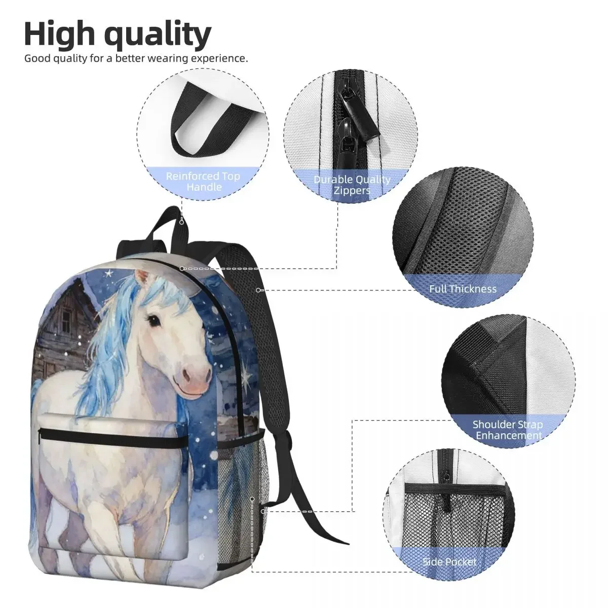 White Unicorn In The Snow Design Backpack Student BookBag Kids School Bag Laptop Shoulder Bags for Men Women