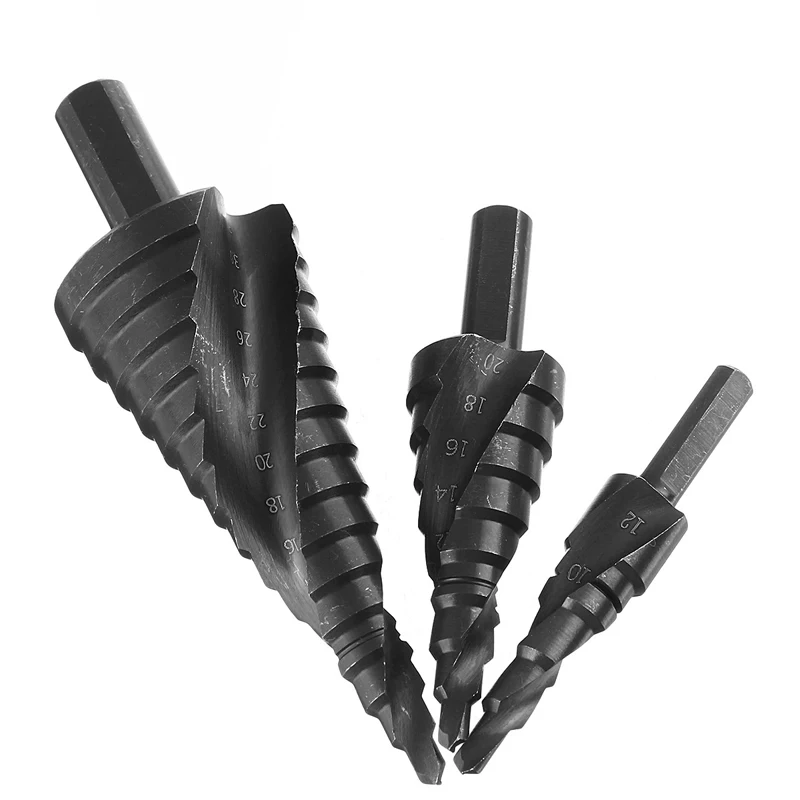 Set da 3 pezzi Set di punte per trapano a gradino in cobalto HSS da 4-32MM spirale in acciaio ad alta velocità ad azoto per apriscatole con gambo triangolare a cono metallico