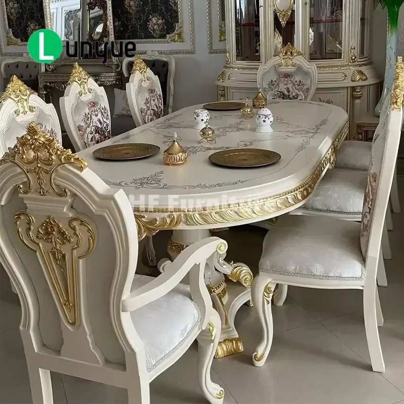 European Luxury Antique 8 Seat Solid Wood Rectangular Dining Table and Chairs Set French Style Large Family Dinner Furniture