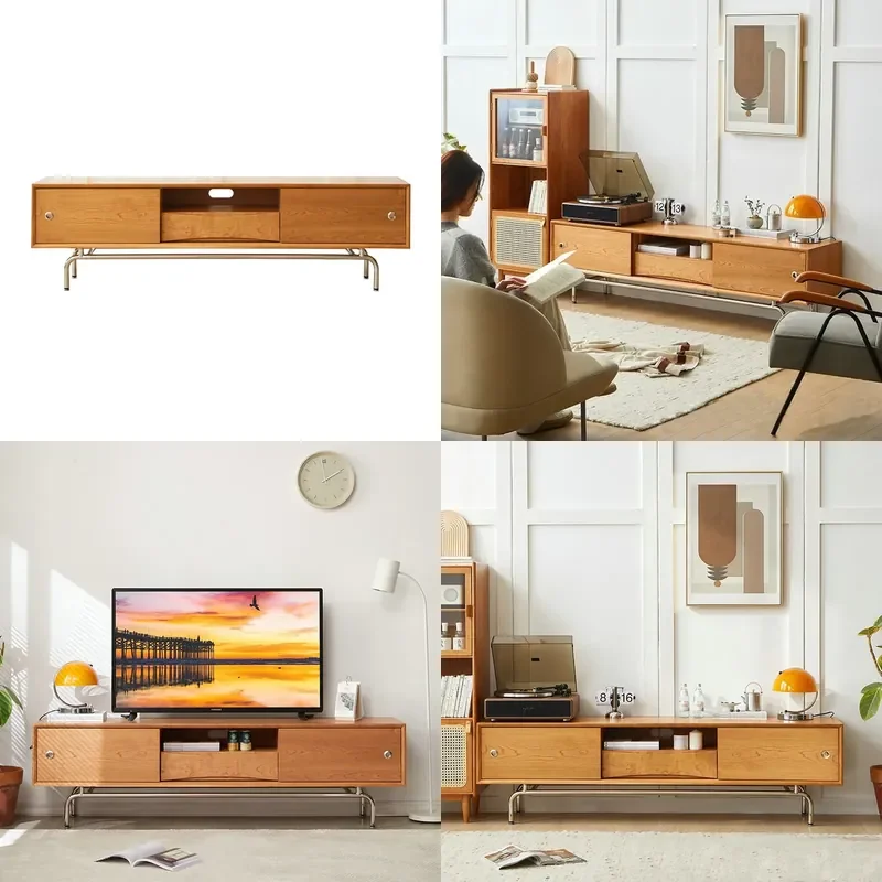 Nordic Solid Wood TV Stand with Stainless Steel Legs Simple Floor Media Console for Living Room Audio Visual Storage Cabinet
