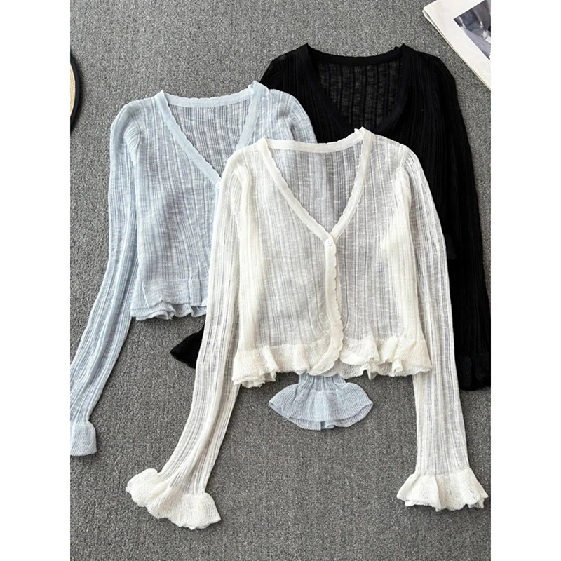 Temperament V-neck Thin Long Sleeve Sunscreen Knitwear Top Women's Summer 2024 New Korean Version Simple Short Cardigan Blouse