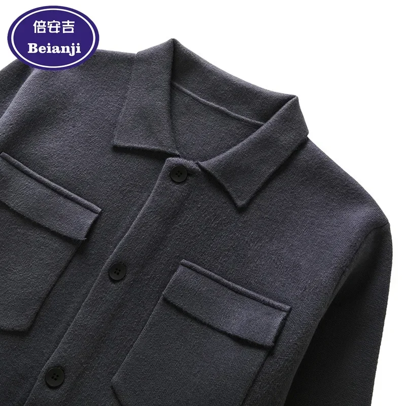 Cardigan Knit Sweater Men 2025 Autumn Winter Navy Color Soft Fleece Sherpa Workwear Loose Button Long Sleeve Top Jacket Beianji