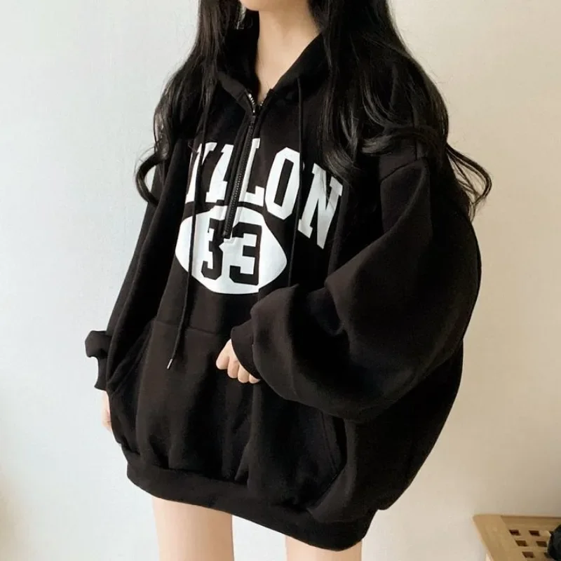 Baggy Korean Hooded Sweatshirt for Women Full Zip Up Woman Tops With Zipper Loose Hoodies Y2k Style Designer New In Clothing M E