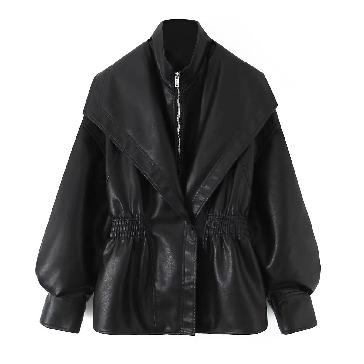 Moda superior & jaqueta feminina outerwear primavera outono lanterna manga gola de couro falso flip design estilo europeu