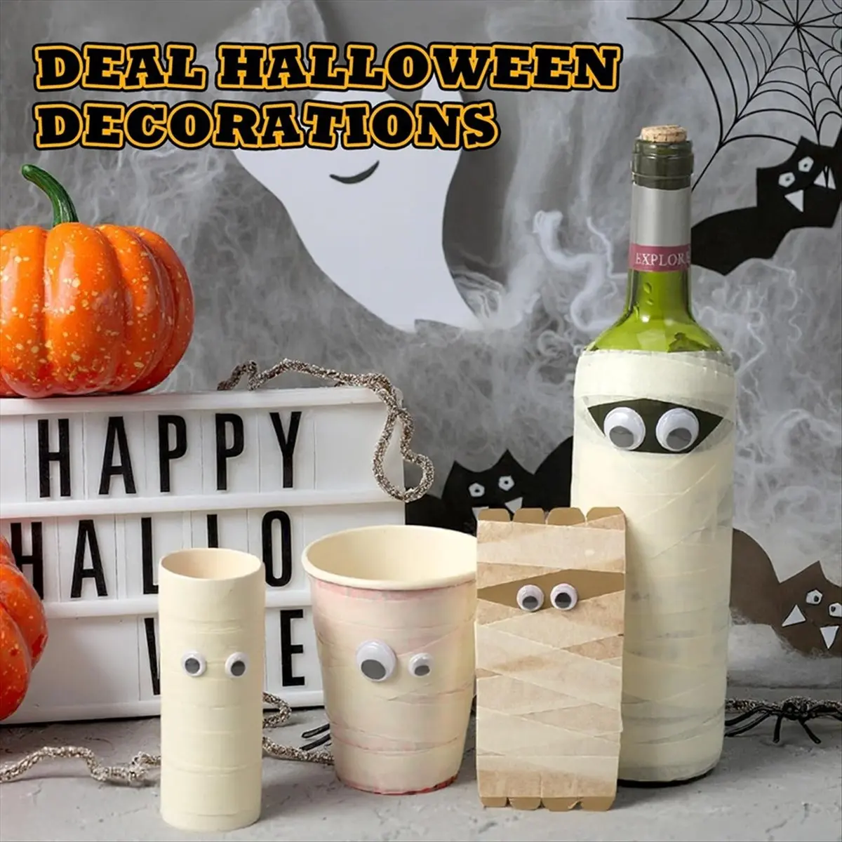 5 Rolls Halloween Masking Tape Decoration and 300 Pcs Black -Googly Eyes Self Adhesive 6mm 12mm 20mm for DIY Craft