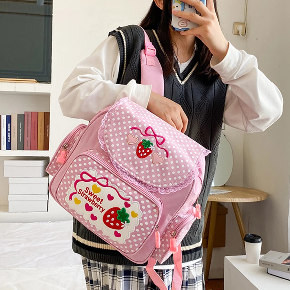 Bolsa Escolar Kawaii com Pontos para Meninas Adolescentes, Mochila de Viagem, Nylon Multi-Bolso, Bordado de Morango Bonito, Faculdade de Moda para Crianças