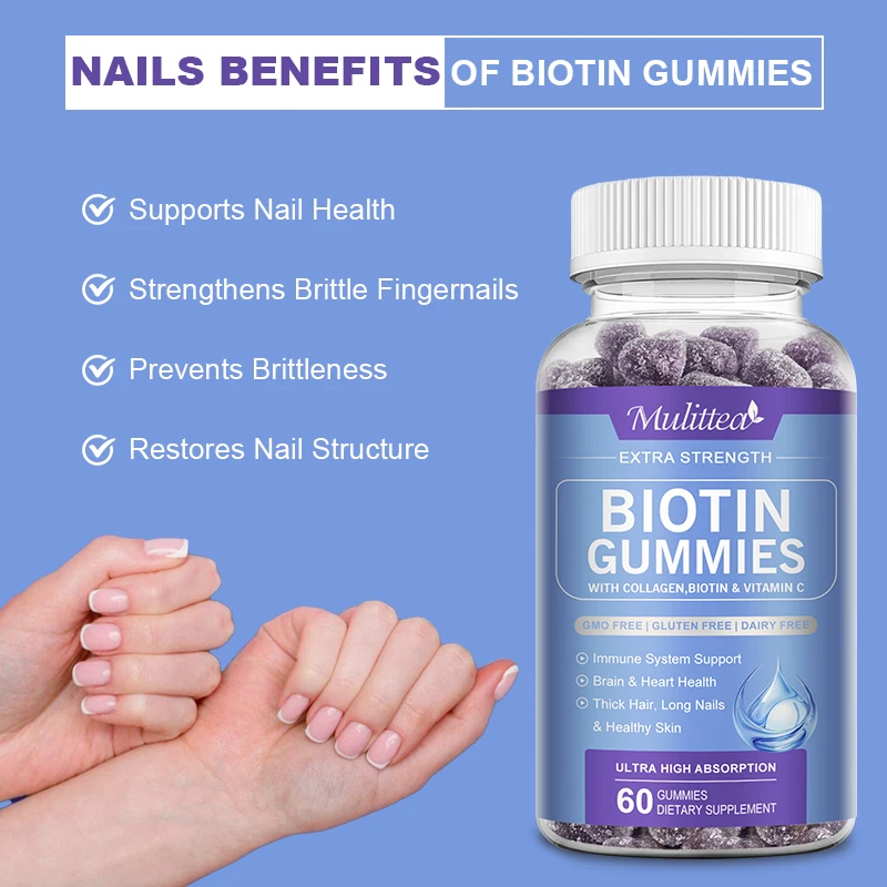 Mulittea Biotin Gummies 1200mg Supplement Protein Support Anti Aging Formula Strong Nails Shiny Hair Glowing Smooth Skin Vegan