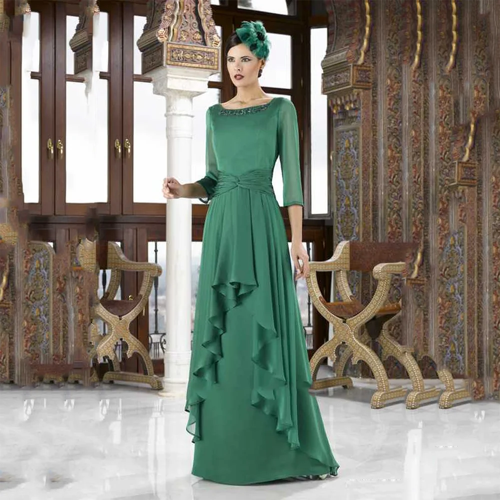 

Square Neck Half Sleeves Mother of The Bride Dresses Customized Green Pleat Tiered A-line Floor Length Mother Long Dress