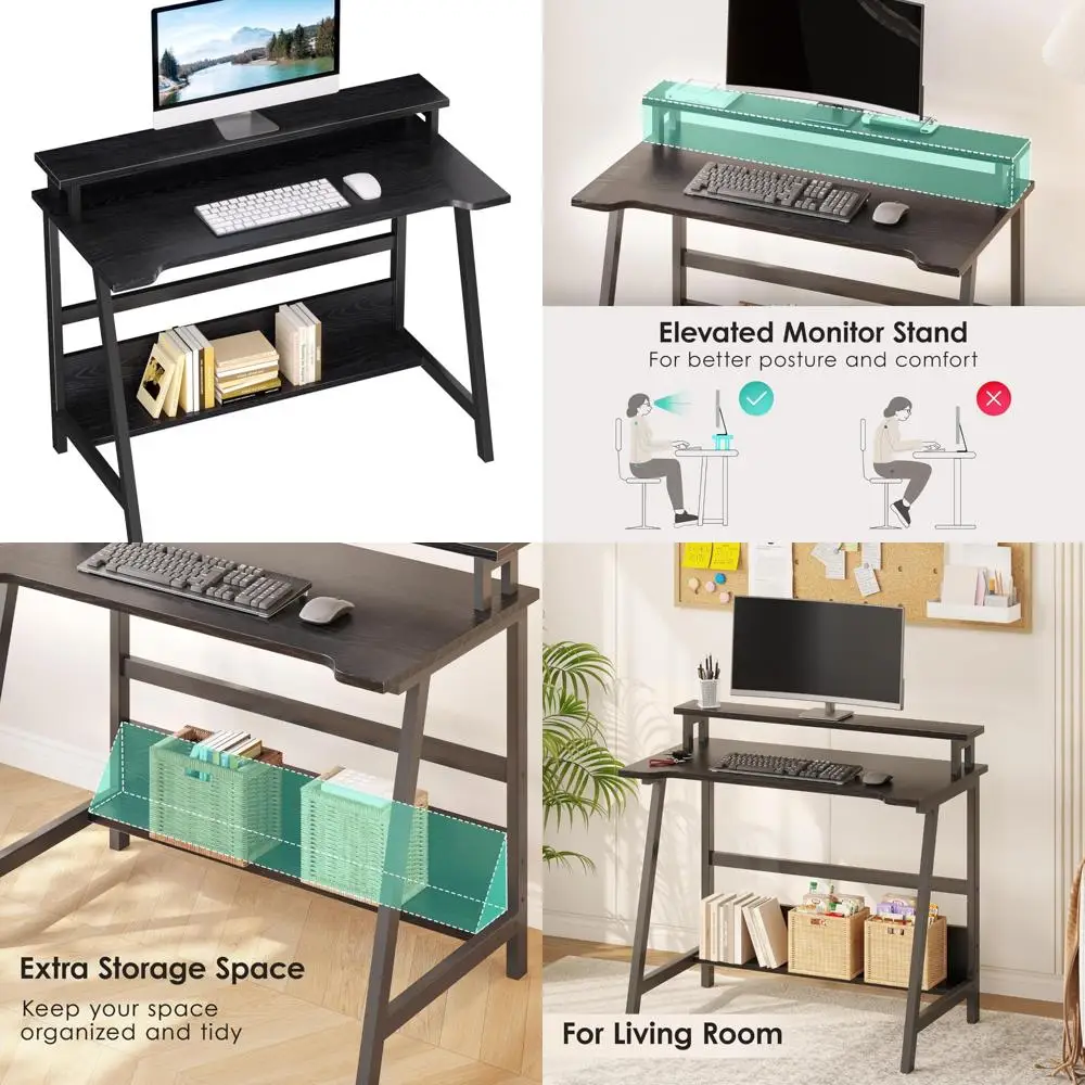 مكتب مكتب منزلي مدمج مع رف تخزين ورف كتب للمساحات الصغيرة، مثالي للشاشة والكتب