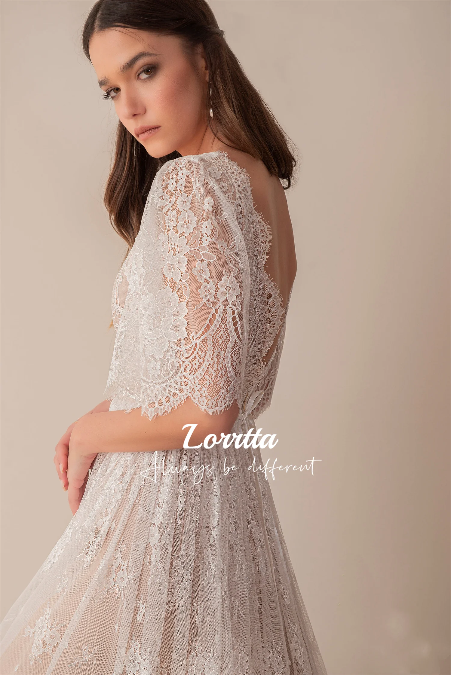 Lorrtta Lace A Line Wedding Dress Half Sleeve Wedding Dress V Neck Backless Bridal Gown Gala Dresses Woman Long Evening Women's