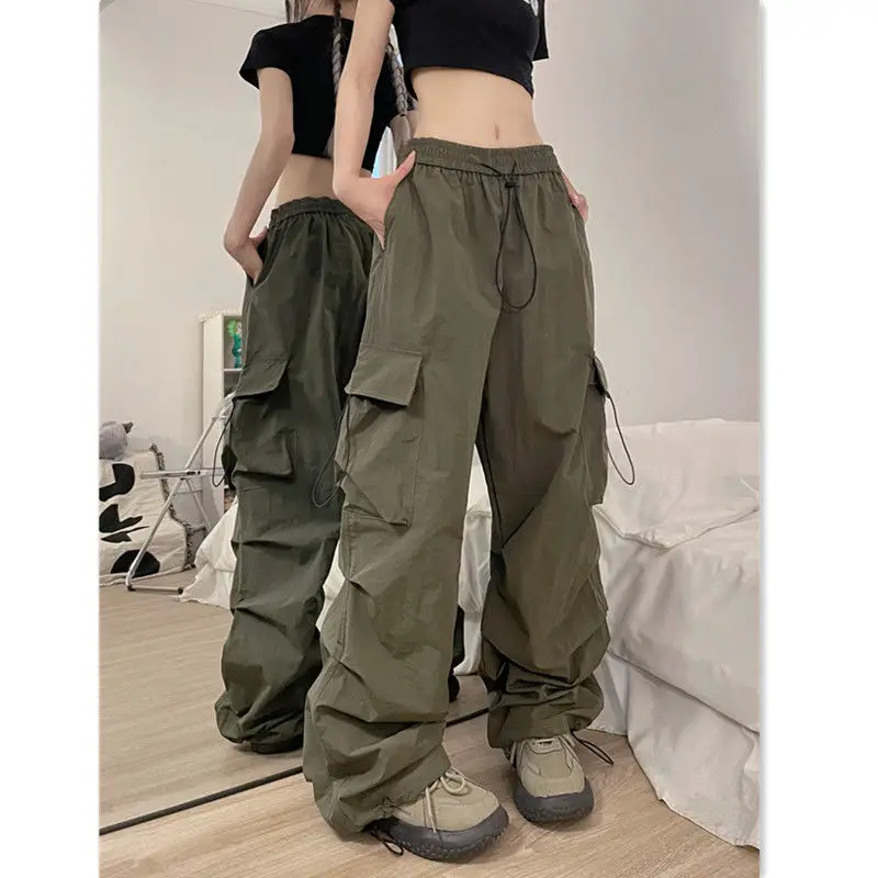 Spring Autumn Hip Hop Street Elastic High Waist Drawstring Women's Solid Spliced Pockets Folds Loose Straight Casual Cargo Pants