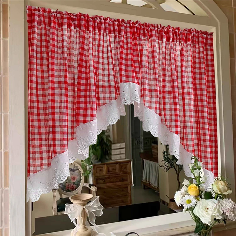 Korean Red Plaid Geometric Sheer Cafe Curtain with White Floral Embroidered Lace Rod Pocket For Kitchen Door Farmhouse Homestay