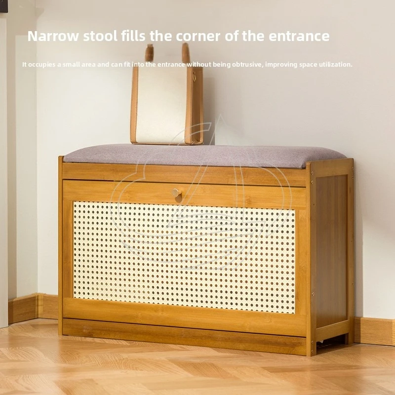 50-70cm Bamboo Wood Shoe Bench, Flip Storage Design Retro Entryway Shoe Changing Stool