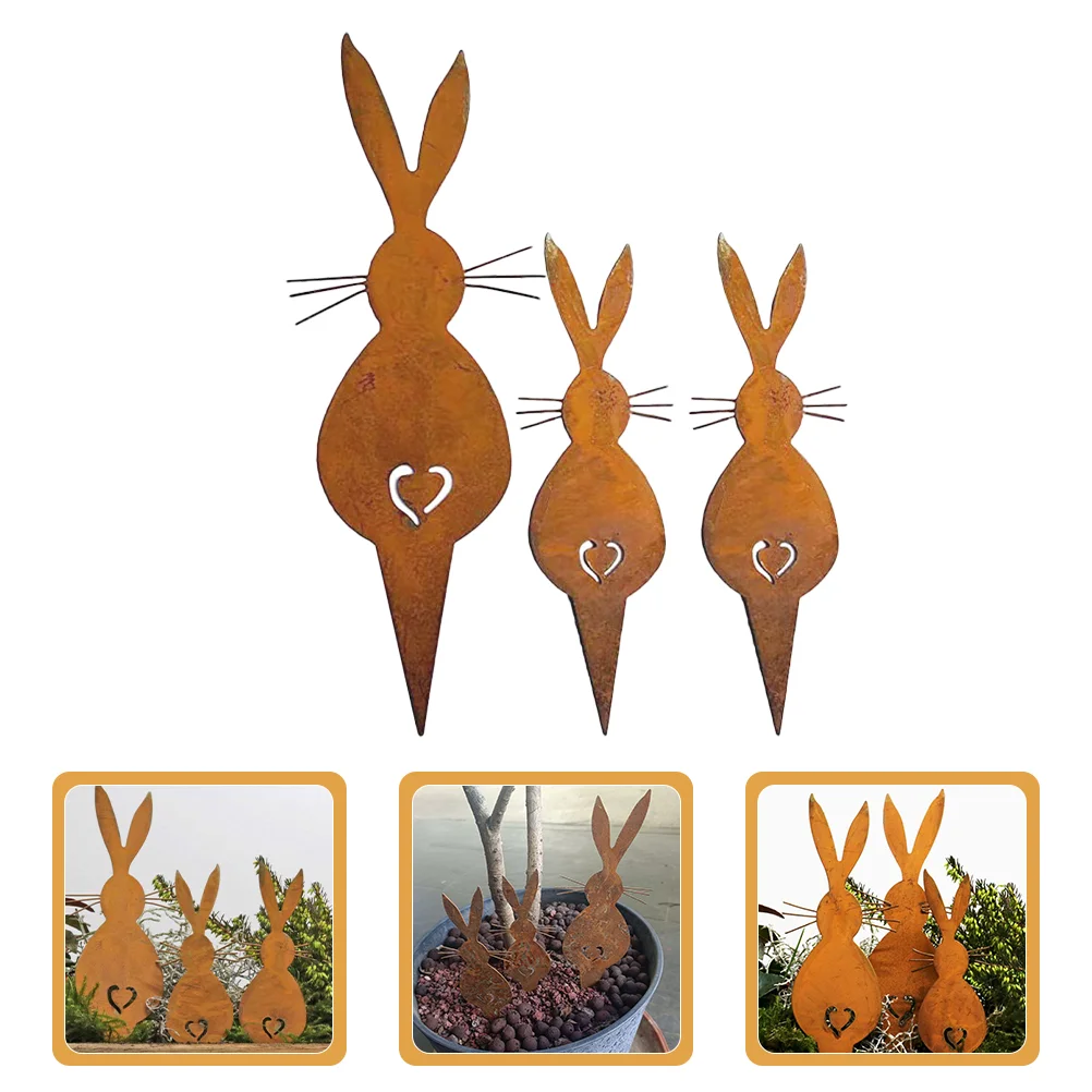 3 Pcs Rabbit Yard Plugin Bunny Lawn Sign Gardening Decor Land Animals Decorative Insert Stake Cross Metal