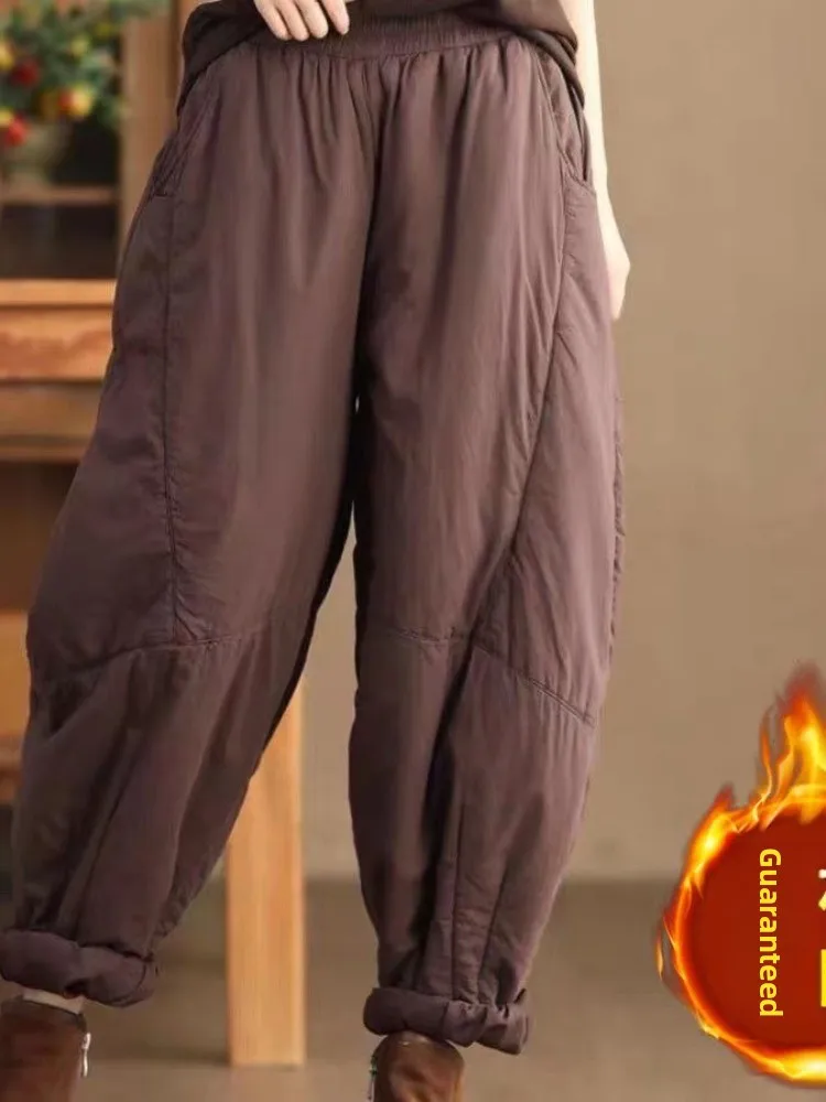 Pantalon en coton grande taille pour femme, vêtement d'extérieur Long Harlan, décontracté, chaud, taille haute, hiver 2024