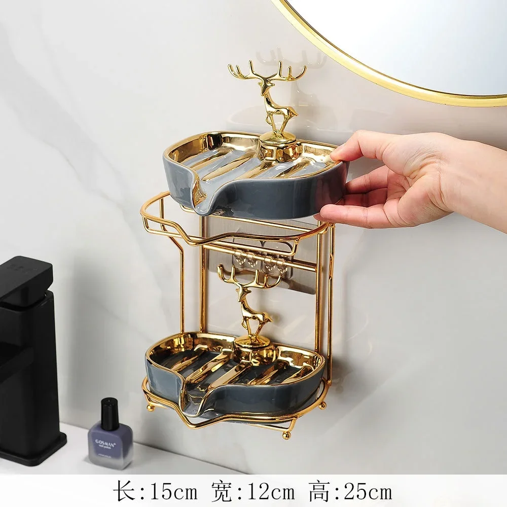 

factory Ceramic gold-plated double layer Soap Dish Self Draining Soap Holder With Gold Elk Creative Soap Box