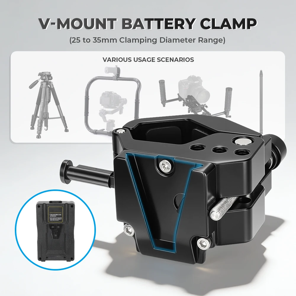 

Зажим для стержня CAMVATE, зажим для аккумулятора с V-образным креплением на стержни/килки диаметром 25–35 мм с резьбой 1/4–20 для трубки карданного подвеса/кольцевой ручки/руки