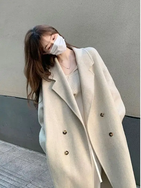 

Large Size 300 Pou Beige Woolen Coat Women's Autumn Winter Loose High-End Feeling Mid-Length Knee-Over Woolen Outerwear