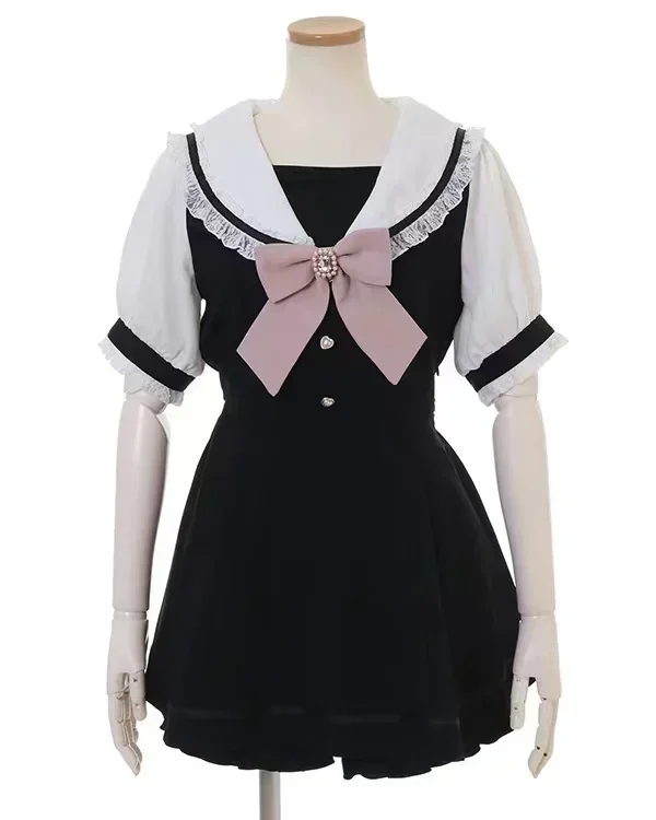 Rojita Japanese Sailor Collar Long Sleeve Dress for Women Spring Summer Sweet Lolita Bow Dress Shorts Suit Women's Two-Piece Set