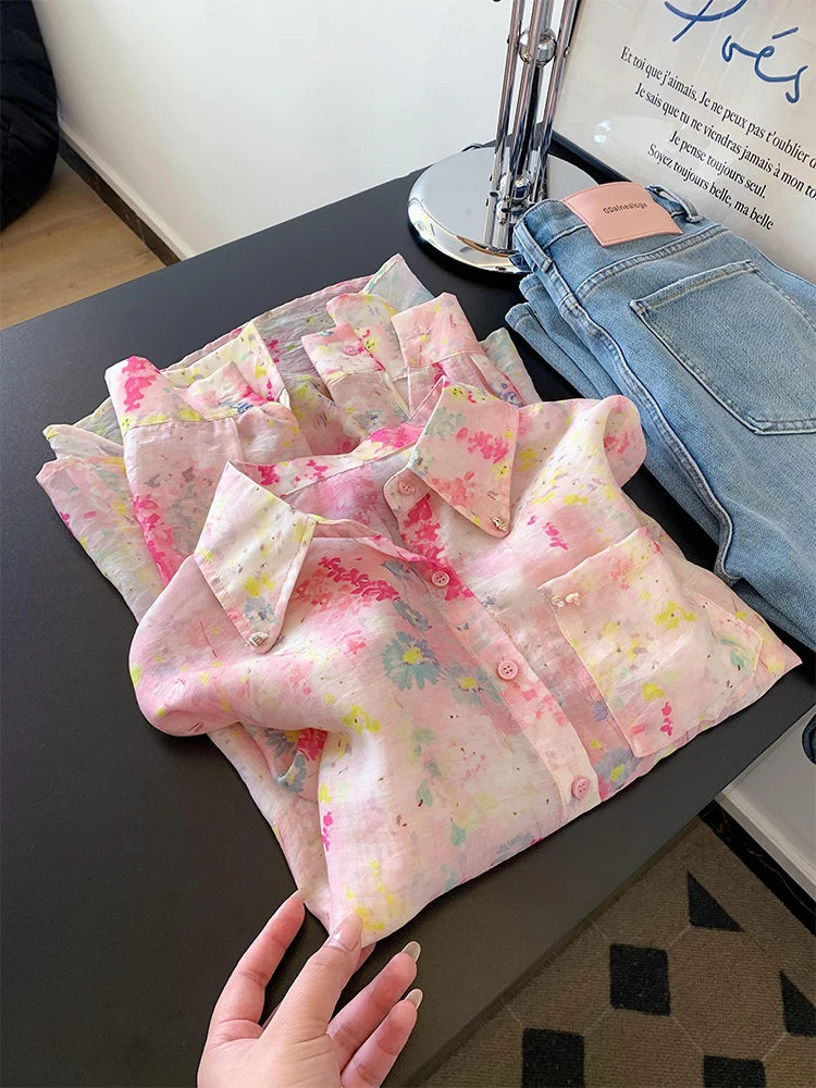 

Новинка: Женская рубашка с цветочным принтом, защита от солнца, тонкий хлопок, длинный рукав, воротник, застежка на одну пуговицу