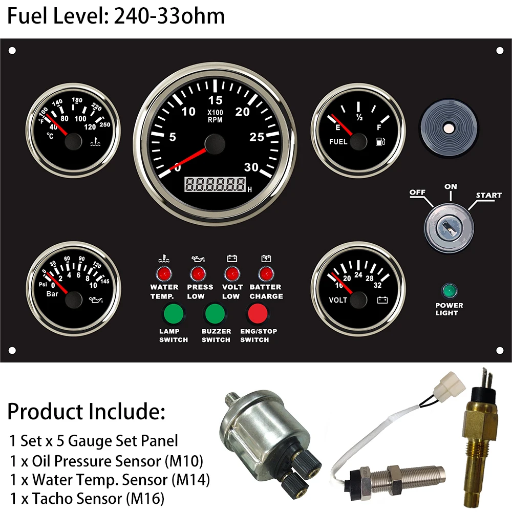 

12 В или 24 В, набор из 5 манометров для лодки, приборная панель с тахометром 3000 об/мин, уровень топлива, температура воды. Вольтметр давления масла 300*190 мм